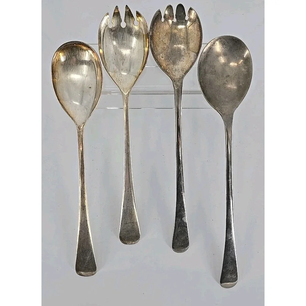 2 Pair Vtg Sheffield Salad Fork & Spoons Silver Plated Salad Serving Set England